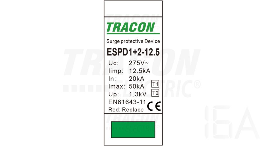 Tracon  túlfeszültség levezető, T1+T2 AC típusú, cserélhető betéttel, ESPD1+2-12.5-1P Túlfeszültség levezető 1