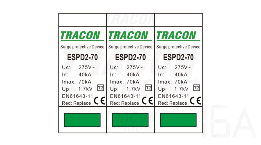 Tracon  túlfeszültség levezető, T2 AC típusú, cserélhető betéttel, ESPD2-70-3P Túlfeszültség levezető 1