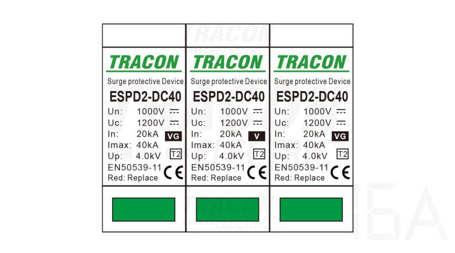 Tracon  túlfeszültség levezető, T2 DC típusú, cserélhető betéttel, ESPD2-DC40-1000 Túlfeszültség levezető 1